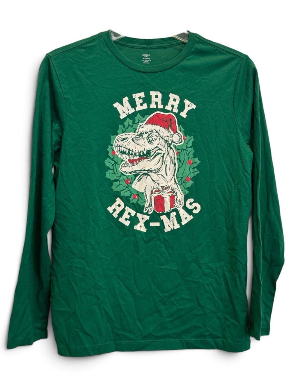 Holiday Time "Merry Rex-Mas" long-sleeve Christmas dinosaur graphic t-shirt